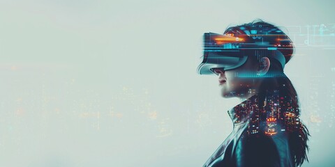 A representation of a person wearing a virtual reality headset in the future, with digital graphics overlaying, with space for copy