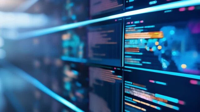 A closeup of sleek modern computer screens displaying complex data and algorithms showcasing the use of tingedge technology.