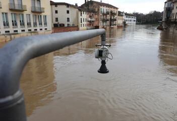 Hydrometric Probe sensor Monitors River Water Levels for Flood Risk - obrazy, fototapety, plakaty