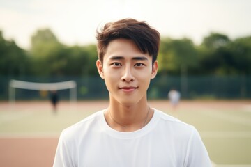 Portrait of a young Asian man on the tennis court - obrazy, fototapety, plakaty
