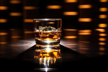Whiskey glass with ice on wooden bar counter with warm bokeh lights background