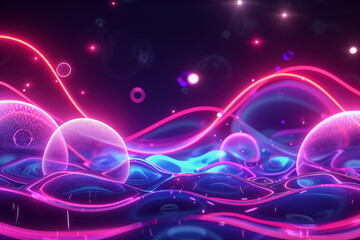 Background image of glowing bubbles and liquid with neon inserts