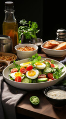 Fototapeta na wymiar Vegetable salad with fresh tomatoes, cucumbers and boiled eggs.
