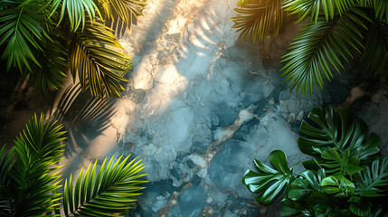 Tropical leaves casting shadows on a marbled surface.