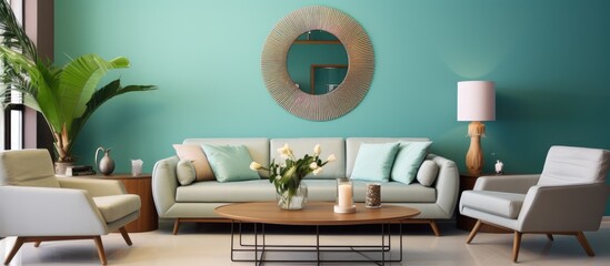 A modern living room filled with various pieces of furniture including a sofa, coffee table, and chairs. A stylish mirror is prominently placed near a colored wall, reflecting the rooms decor.