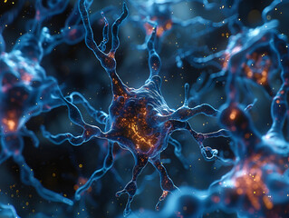 Detailed neuron structure with electric blue synapses, depicting neural activity and brain functionality