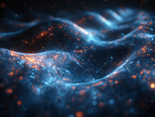 Ethereal blue energy waves with sparkling particles, evoking concepts of quantum computing and cosmos exploration