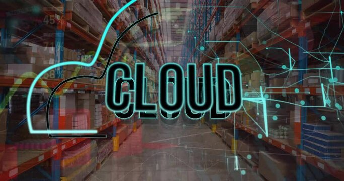 Animation of cloud text over data processing and connections over warehouse