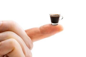 Hand holding small cup of coffee. Concept of small portion