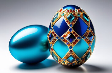 Easter eggs are blue, richly decorated with colorful stones on a gray background.