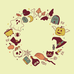 Fototapeta premium Square frame from bright cool elements for Halloween. Pumpkin, Skull, Ghost, Gravestone, Spider, Candy, Broom, Hat, Eye, Potion and more. Happy holiday. Great for postcards, advertising banners. 