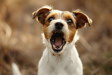 Alert Jack Russell Terrier in mid-bark, capturing the spirited energy of this small breed, photographed with a Zeiss lens for sharpness. - obrazy, fototapety, plakaty