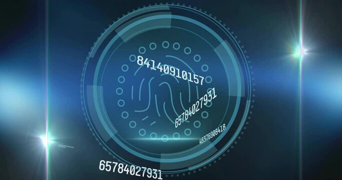 Animation of cyber security text and biometric fingerprint scanner over processing data