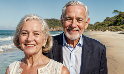 Joyful senior couple in smart casual attire sharing a smile on a sunny beach, representing timeless love and companionship. 