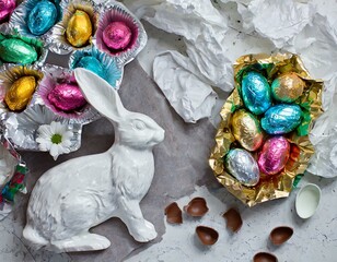 Ovo de páscoa de chocolate ( chocolate easter eggs ). Visão de cima de grupo de ovos de chocolate sobre textura grunge cinza.  Um coelho na composição.