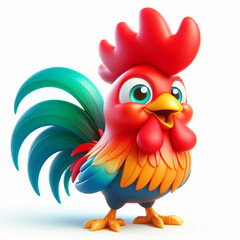 3D funny rooster cartoon. Farm animals for children illustrations. AI generated
