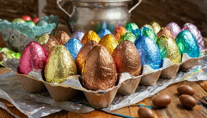 Ovo de páscoa de chocolate ( chocolate easter eggs ). Grupo de ovos em papel alumínio colorido. Produção de ovos de chocolate para venda na páscoa. - obrazy, fototapety, plakaty