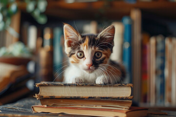 Curious calico kitten perched on a stack of books, exploring the world with wide eyes, shot with a Fujifilm lens for vibrant details. - obrazy, fototapety, plakaty