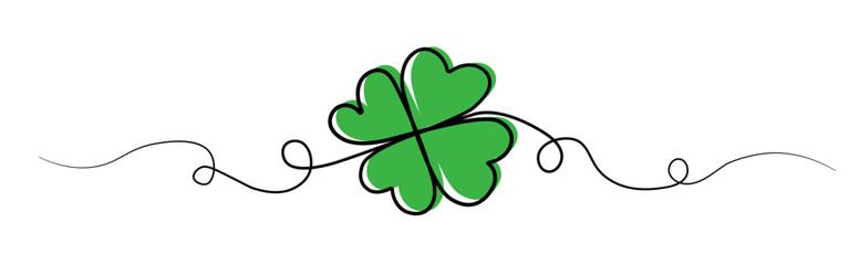 Saint Patrick Day border with continuous line drawing of four-leaved clover good luck symbol on transparent background.  Vector illustration 