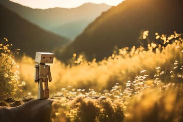 sunrise in the mountains, Encounter a small wooden toy robot named Danbo, standing alone in a vast expanse of nature, its solitary figure evoking a sense of melancholy and introspection
