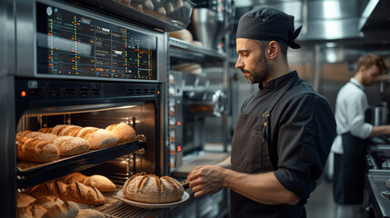 Bread making business. Fresh bread out of the oven. Bakery in the morning, hot fresh bread and pastry. - obrazy, fototapety, plakaty