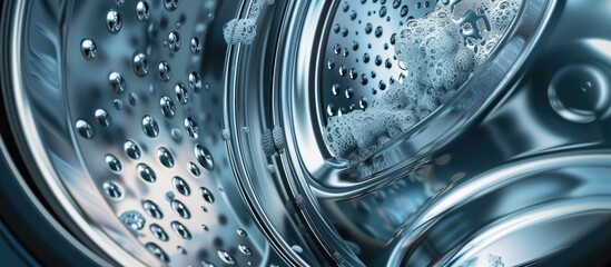 This image shows a close up view of the drum of a contemporary washing machine. The interior of the washing machine is visible, with stainless steel surfaces and detergent residue being cleaned.