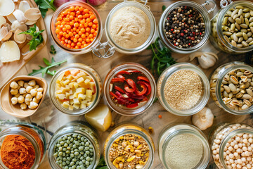 healthy food, cuisine, spices on the table in jars, close-up