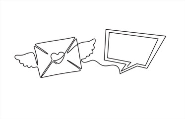 Continuous one line drawing of envelope with wings, heart and speech bubble. One line vector illustration art hand draw .