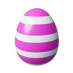 Purple painted Easter egg of blue color with white stripes ornament isolated colorful 3d render illustration. Clip art design element. Bright colors. Easter egg hunt template.