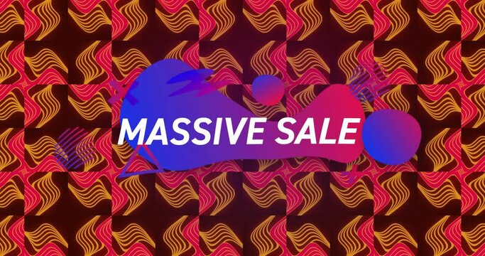 Animation of huge sale text in white over red and orange kaleidoscope patterns
