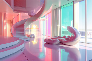 AI Generated Image. Surreal futuristic interior with pastel pink design elements