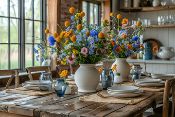 A rustic dining room with a wooden table set for Easter dinner.