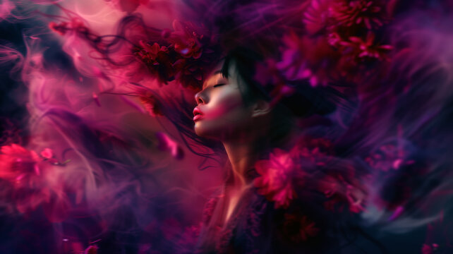 AI Generated Image. Contemplative and dreamlike Asian woman mixed with abstract red and magenta flowers