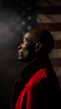 AI Generated Image. Contemplative bald black man in dark red coat in front of USA American Flag