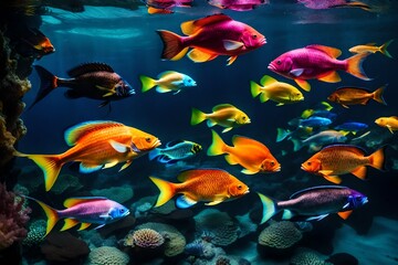 Naklejka na ściany i meble fishes in aquarium, Immerse yourself in the mesmerizing beauty of colorful fish as they glide gracefully against a velvety black backdrop, their vibrant hues shimmering like jewels in the dark