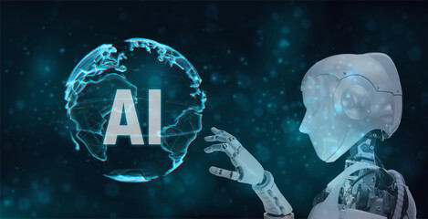 Humanoid robot hands turn simulate hologram globe screen with AI Artificial intelligence symbol on world map cyber digital for analyze, learning big data processing technology in business concept.