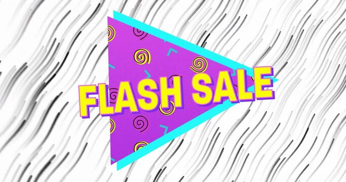 Animation of flash sale text on purple triangle over black wavy lines on white