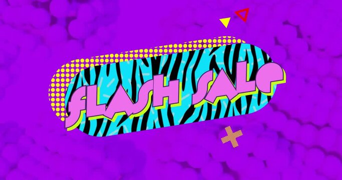 Animation of flash sale text over blue zebra pattern banner on purple background