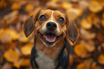 Grinning Beagle surrounded by autumn leaves, capturing the joy of a fall day, photographed with a Sigma lens for rich, earthy tones.
