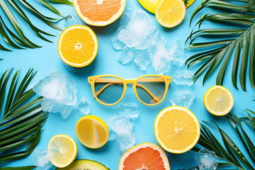 Generative AI illustration of vibrant summer themed backdrop featuring citrus fruits, ice cubes, and sunglasses, evoking a refreshing tropical atmosphere