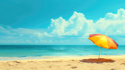Generative AI illustration of tranquil beach setting with a vibrant yellow and orange umbrella against a backdrop of blue skies and fluffy clouds
