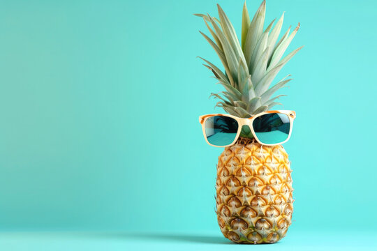 Generative AI illustration of pineapple with trendy sunglasses against turquoise background