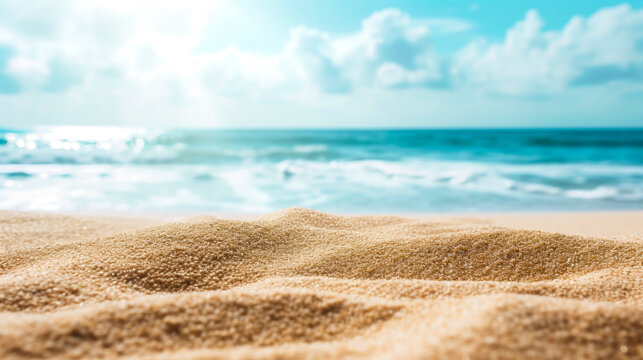 Generative AI illustration of close up sand with blurred sea sky background, summer day with summer background concept