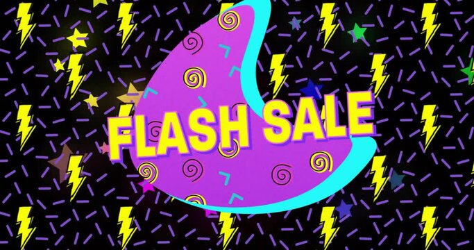 Animation of flash sale text in with lightning bolts and colourful stars on black
