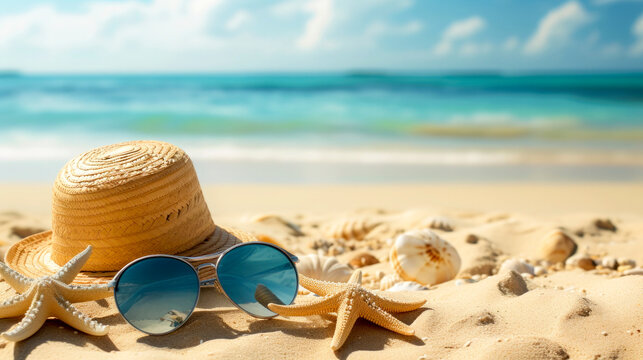 Generative AI illustration of relaxing beach scene with a straw hat, sunglasses, and starfish laid on the sand, representing perfect summer leisure - Powered by Adobe