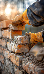 Fototapeta na wymiar Bricklayer building and constructing a stone wall from orange bricks with gloved hands close up. Hard work commercial banner.