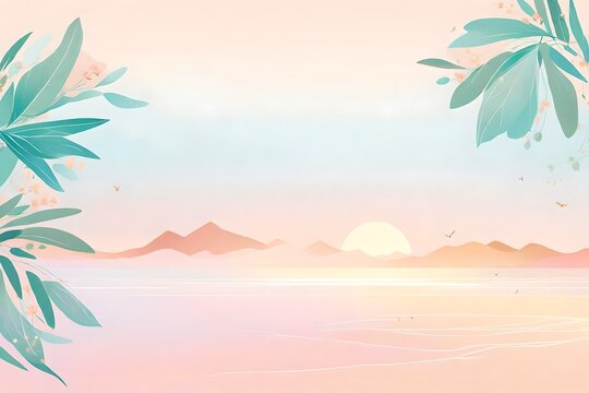 beach with palm trees, Immerse yourself in the serene beauty of an aesthetic wallpaper pastel background illustration, where every brushstroke whispers of delicate minimalism and dreamy serenity