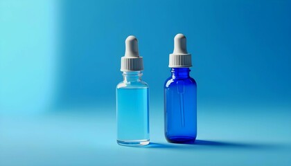 Dropper bottle of serum mockup on an abstract blue background with light and shadows created with generative ai	
