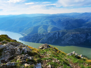 Fototapeta na wymiar Panoramic landscape view of the Danube view. Photo taken from the east side in national Park Djerdap, on the peak 