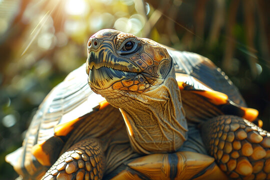 Mellow tortoise basking in the warmth, its intricate shell patterns highlighted by natural sunlight, shot with a Pentax lens.